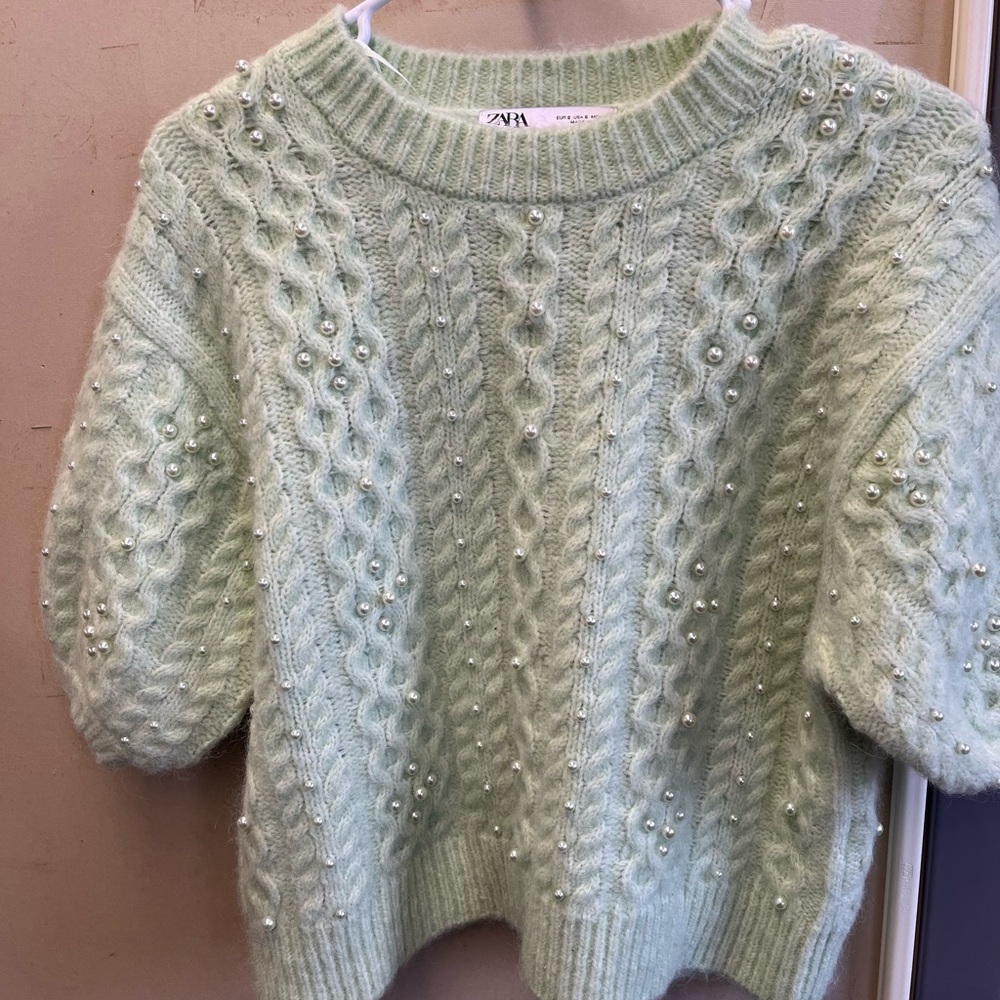 Zara Mint Green Sweater with Pearl Detailing- holiday perfect ! size small euc - Picture 2 of 15